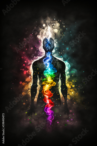 Impressive colors and wispy patterns inside the human silhouette, representing the seven chakras. Dazzling on a black background. Generative AI © XaMaps