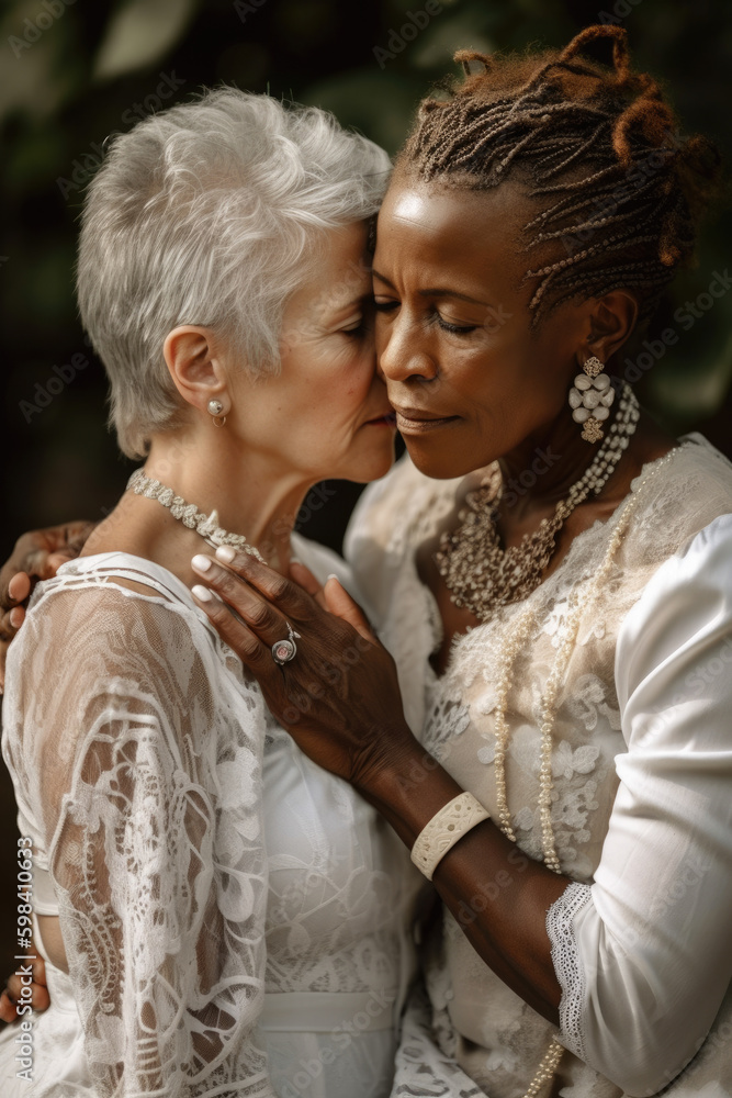Old women lesbian couple. marrage Black and Caucasian female bride in love. LGBT pride month celebration generative ai
