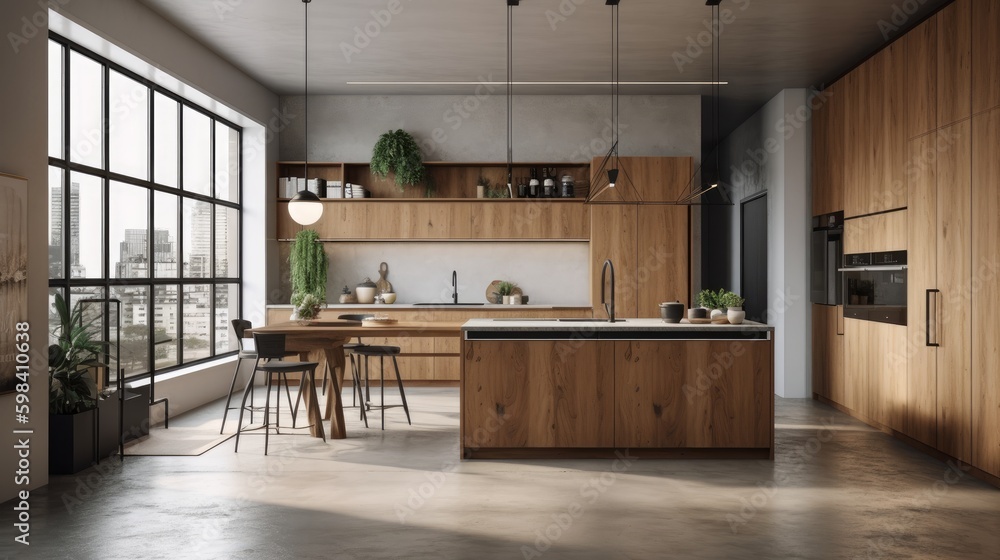 A harmonious blend of wood, metal, and concrete kitchen interior. AI generated A harmonious blend of wood, metal, and concrete kitchen interior. AI generated