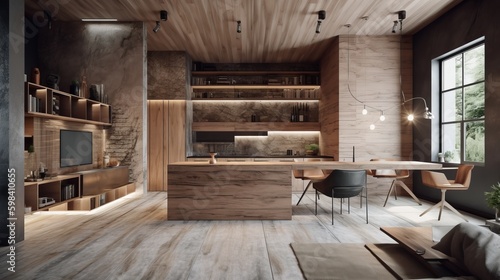 A harmonious blend of wood, metal, and concrete kitchen interior. AI generated