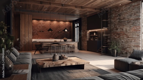 A harmonious blend of wood  metal  and concrete kitchen interior. AI generated