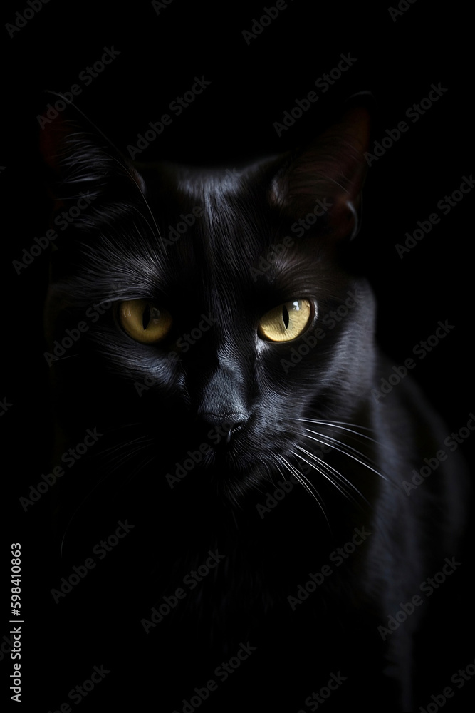 Beautiful close-up black cat, contrast side lighting, full face stylish portrait with black background, created with Generative AI technology
