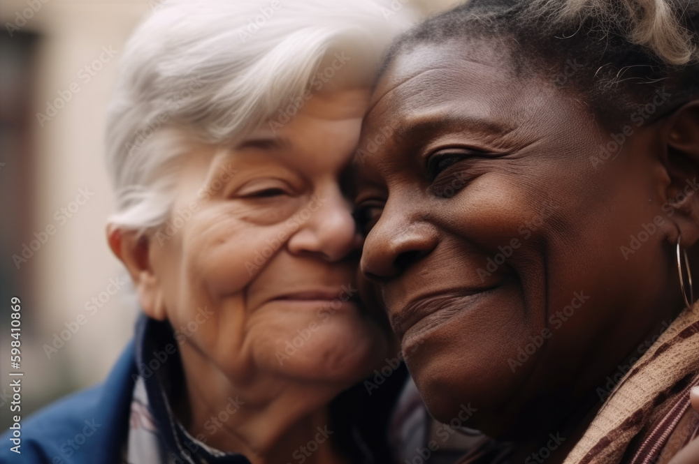 Old women lesbian couple. Black and Caucasian female in love. LGBT pride month celebration generative ai Old women lesbian couple. Black and Caucasian female in love. LGBT pride month celebration generative ai