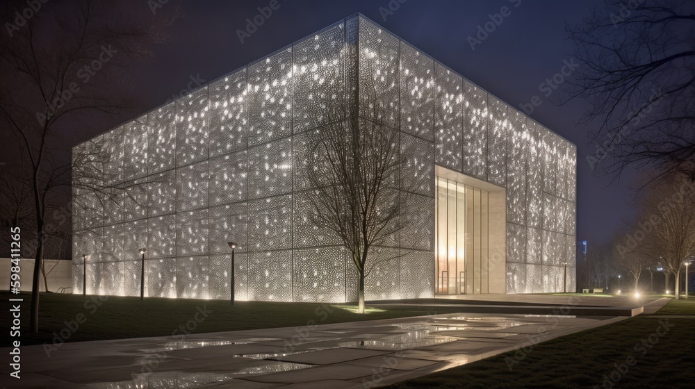 Obraz premium Strategic lighting transforms simple modern building house exterior.AI generated
