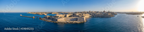 Panoramic aerial view of Valletta, Sliema, Birgu in Malta island.