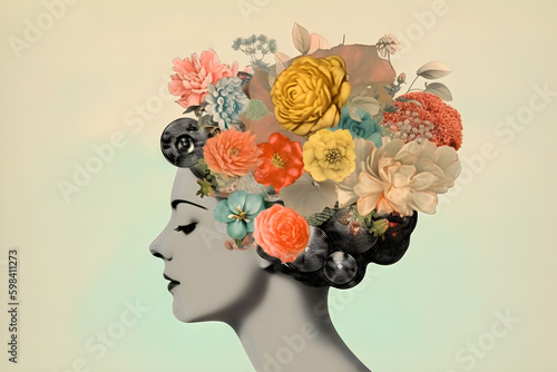 Collage with woman head and flowers, vintage collage. Generative AI. © JulMay