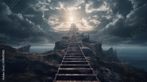 Obraz na płótnie Stairway through the clouds to the heavenly light. Generative AI