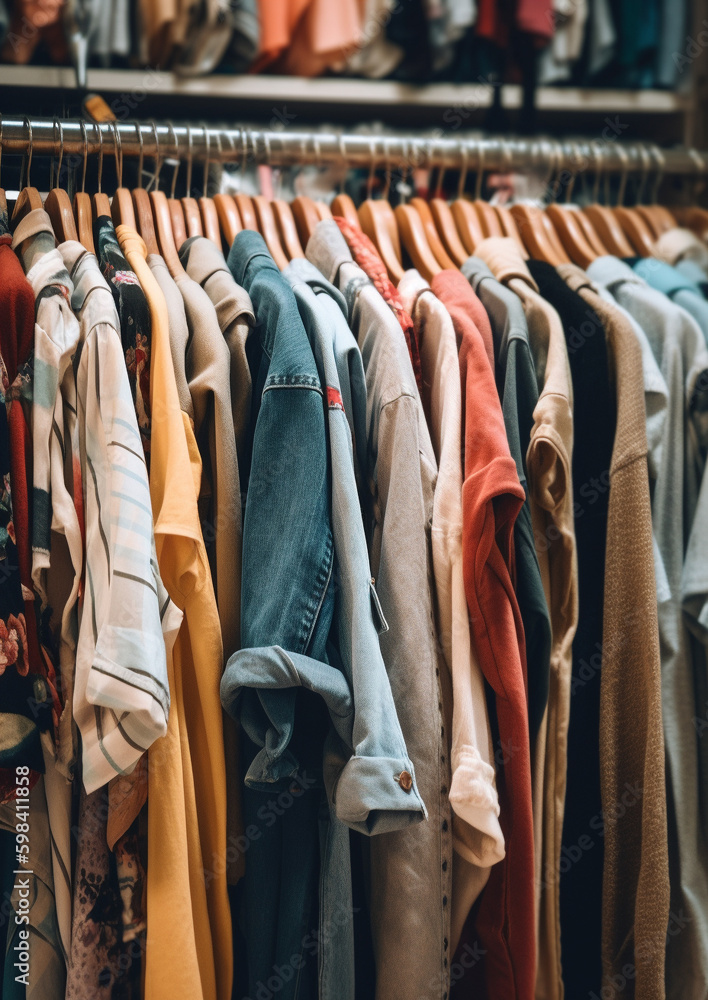 Second hand clothes in shop, eco - friendly sustainable shopping, generative ai 