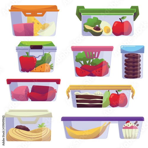 Plastic or glass food containers set, flat vector illustration isolated on white background.