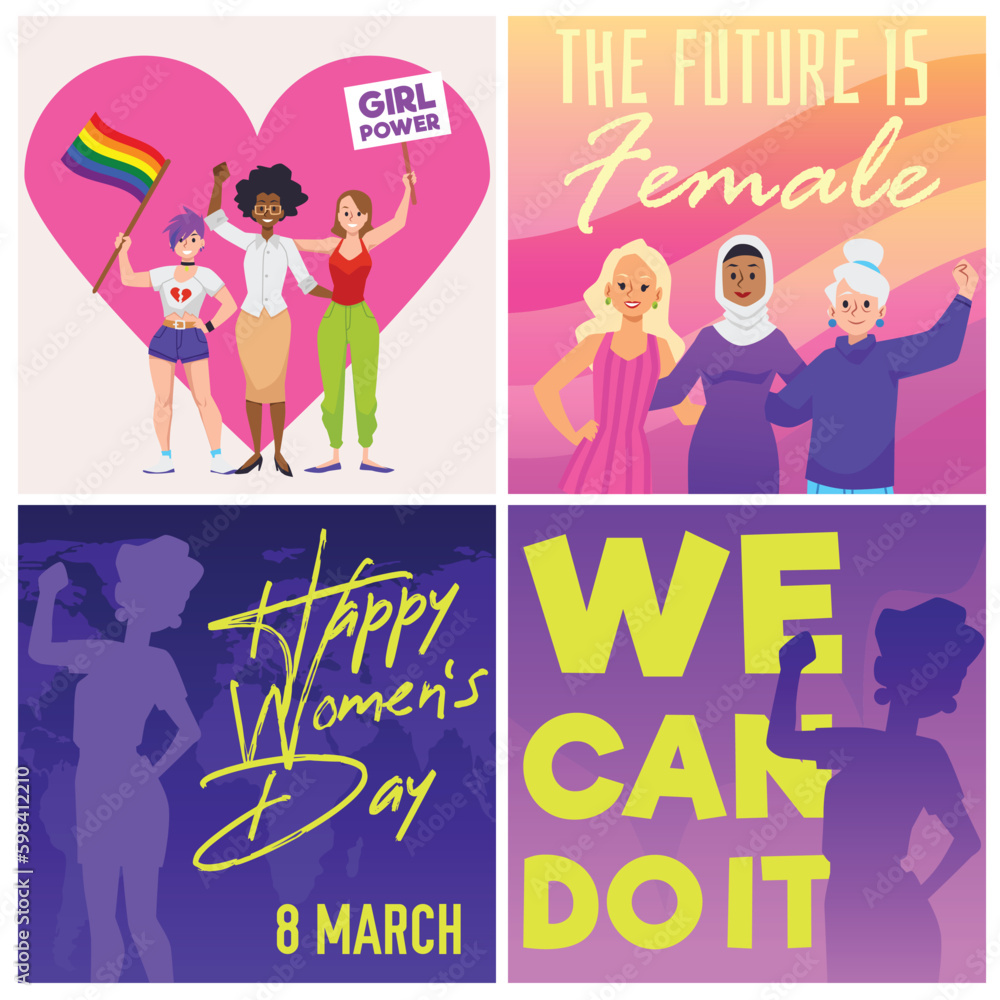 Obraz premium Set of squared banners about women's rights flat style