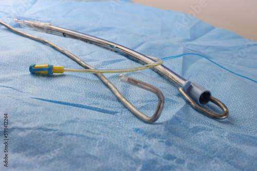 Endotracheal tube stylet inside and outside the tube in a surgical surface 