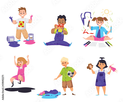 Naughty children make a mess and dirt, flat vector illustration isolated.