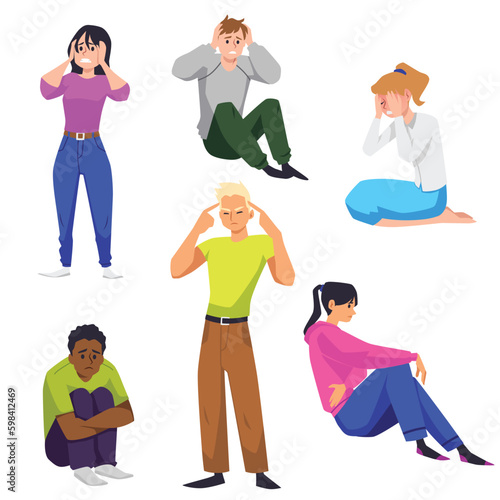 Anxious people feeling stress and panic flat vector illustration isolated.
