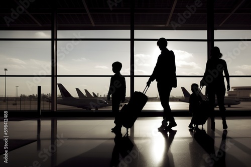 illustration, family silhouette at the airport, ai generative