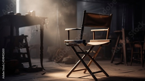 The director's chair stands in a beam of light with an backlight in dark room. Free chair. Concept of selection and casting. Shadow and light. 
