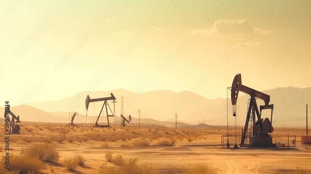 Working oil pumps in desert place. Natural resources industry. Oil rig in dunes. Generative AI Working oil pumps in desert place. Natural resources industry. Oil rig in dunes. Generative AI
