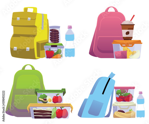 Containers with packed for lunch food and bags flat vector illustration isolated.