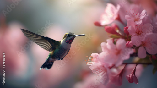 a hummingbird indulging in sweet honey from a vibrant pink cherry flower © Paul