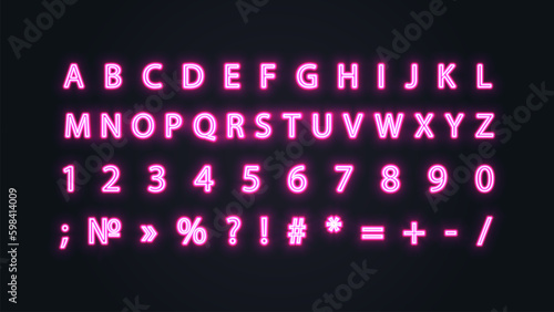 Neon alphabet and punctuation marks in pink on a dark background.