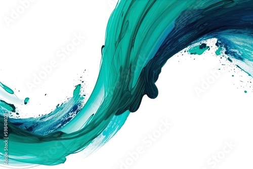 Abstract acrylic paint colorful curved brush wave line on isolated white background. Vivid green blue color liquid splashy wave with swirls