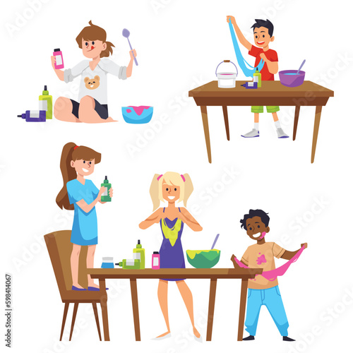 Funny kids playing with homemade slime  flat vector illustrations set isolated.