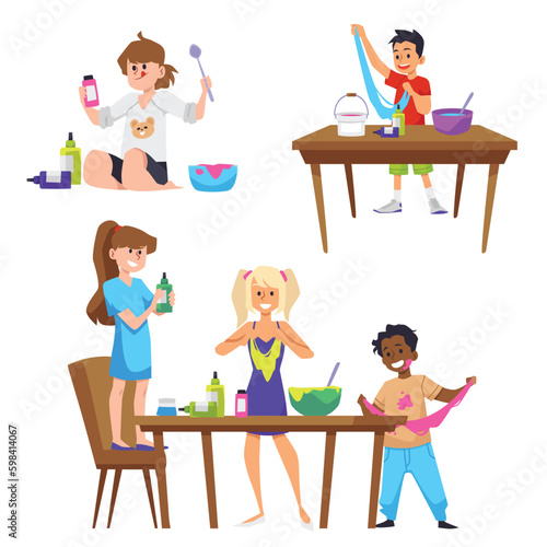 Funny kids playing with homemade slime, flat vector illustrations set isolated.