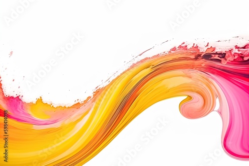 Abstract acrylic paint colorful curved brush wave line on isolated white background. Vivid orange purple color liquid splashy wave with swirls