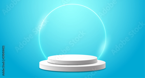 Realistic 3d cylinder pedestal podium. Abstract vector rendering geometric forms, glowing neon cirle, blue background. Pastel minimal scene. Stage for showcase, Product display