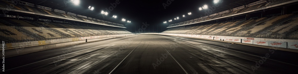 illustration, empty racetrack at night, with stands and light,website header, generative ai