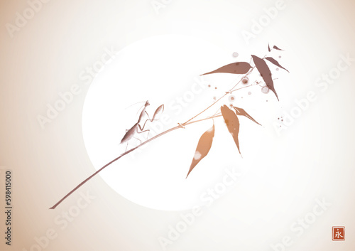 Blue praying mantis on bamboo tree branch and the moon in the sky. Traditional oriental ink painting sumi-e, u-sin, go-hua. Translation of hieroglyph - eternity