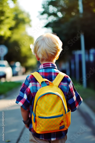 Excited, 7-year-old blonde boy, with a backpack, strides into his first school day. Sun shines brightly on his back, as he embarks on his learning adventure. Generative AI