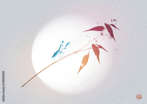 Blue praying mantis on bamboo tree branch and the sun. Traditional oriental ink painting sumi-e, u-sin, go-hua. Translation of hieroglyph - well-being