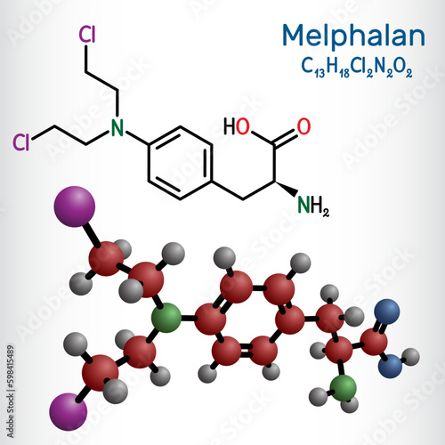 Melphalan molecule. It is chemotherapy medication, alkylating antineoplastic agent. Structural chemical formula and molecule model. photo