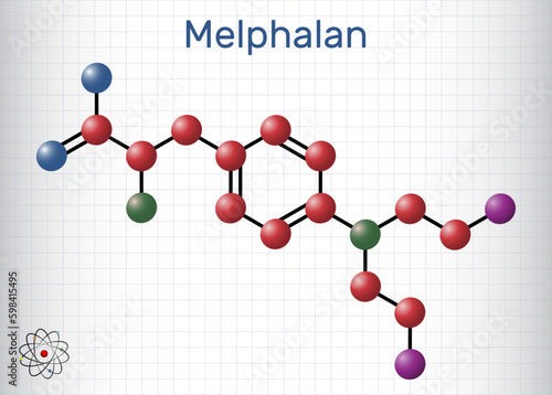 Melphalan molecule. It is chemotherapy medication, alkylating antineoplastic agent. Structural chemical formula and molecule model. Sheet of paper in a cage.