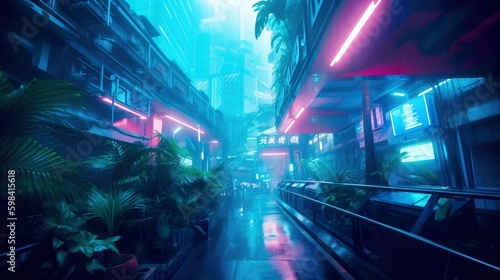 Cyberpunk wallpaper of futuristic cityscape. Blue purple neon lights. City of the future at bright multicolored neon night. Neon Haze. Beautiful urban landscape. Generative AI illustration.