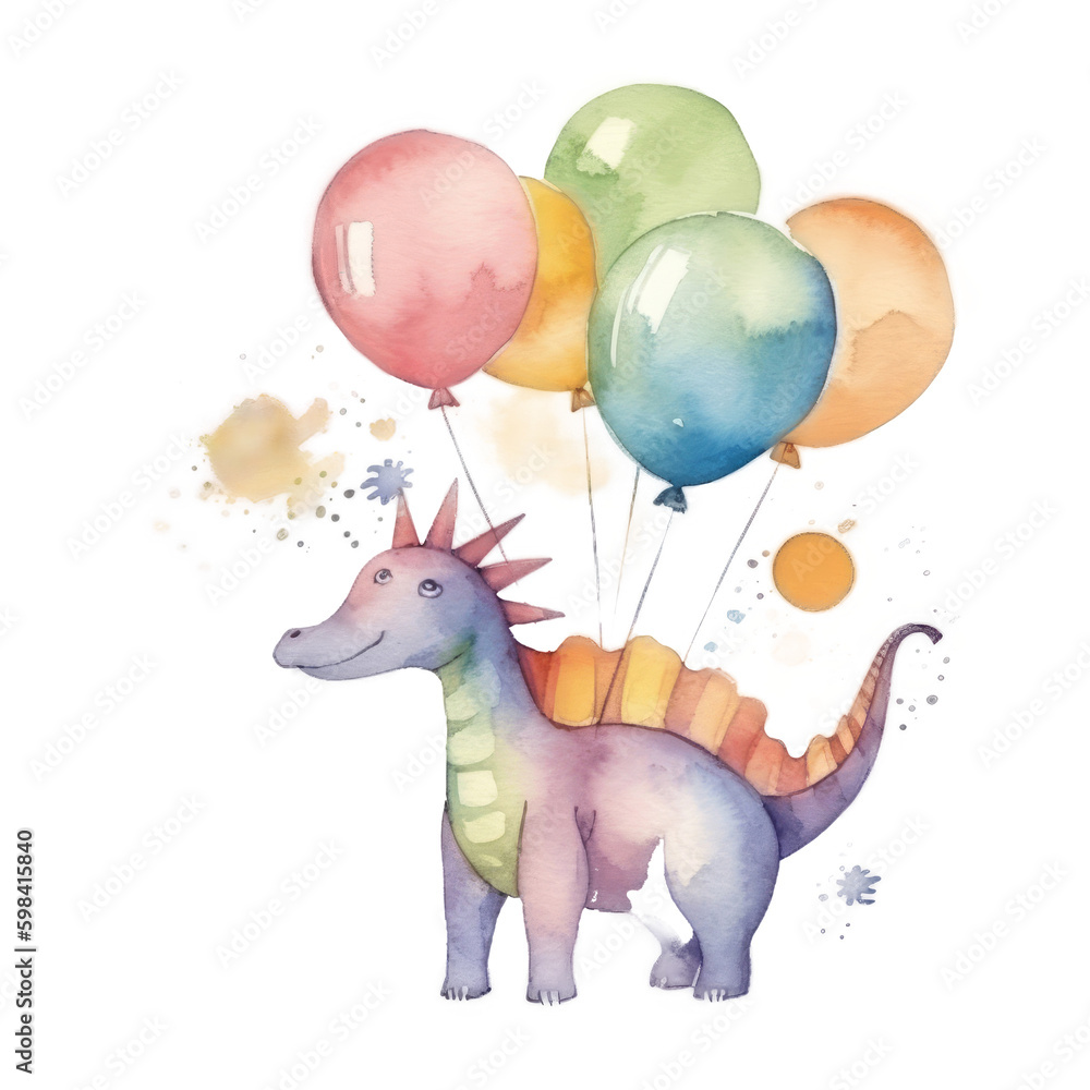 Cute watercolor Birthday Dino. Illustration AI Generative.