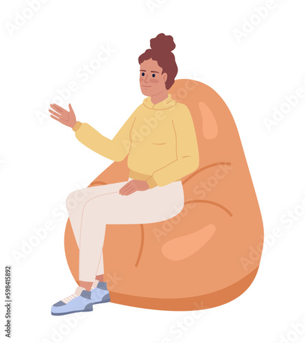 Listening woman on bean bag semi flat color vector character. Showing support. Editable figure. Full body person on white. Simple cartoon style spot illustration for web graphic design and animation