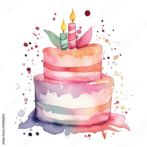 Watercolor Birthday Cake. Illustration AI Generative.
