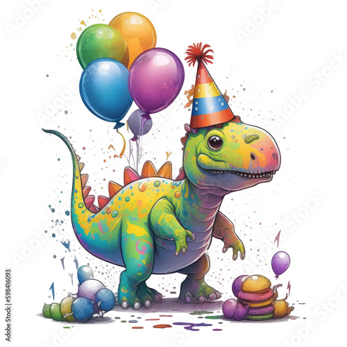 Cute watercolor Birthday Dino. Illustration AI Generative. © olegganko