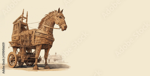 Trojan horse, city of Troy, greek history, trojan war, victory trophy Odysseus, generative AI photo