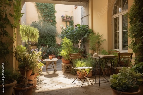 illustration, beautiful Italian style yard with plants and flowers, ai generative © Jorge Ferreiro