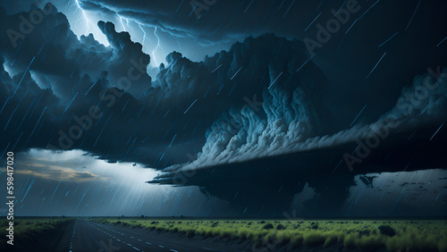Storm clouds brewing, bringing rain and wind over farmland. Impending hurricane or thunderstorm. Natural disaster imminent. (Generative AI)