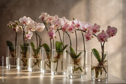 colorful orchid flowersthin long stems in glass vases on biege background,generative ai.