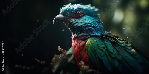 Female Quetzal bird with forest background. Generative AI © AngrySun