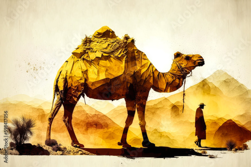 A camel crosses a desert landscape colored with warm  sunny tones. A unique image  representing resilience and a lasting journey. Generative AI