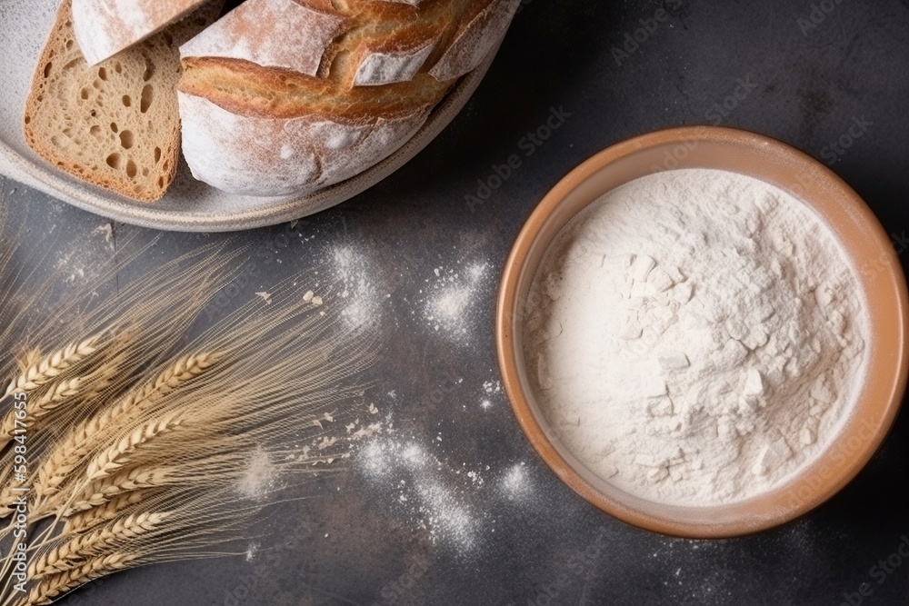 illustration, fresh bread with ears of wheat and bowls of flour top view, ai generative illustration, fresh bread with ears of wheat and bowls of flour top view, ai generative