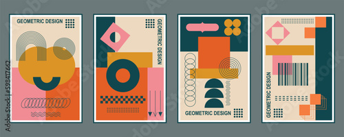 Set of minimalist 20s geometric design posters with primitive shapes, circles, stars, shapes. Vector illustration.