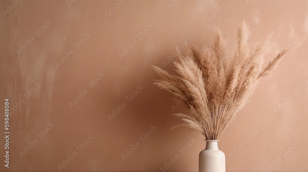 Vase with decorative dry plant branch against beige wall background. Minimalist interior mockup. Generative AI