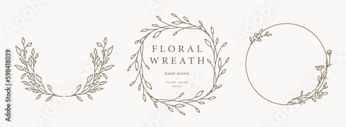 Hand drawn floral frames, wreats with flowers, branches and leaves. Elegant logo template. vector illustration for label, branding business identity, wedding invitation