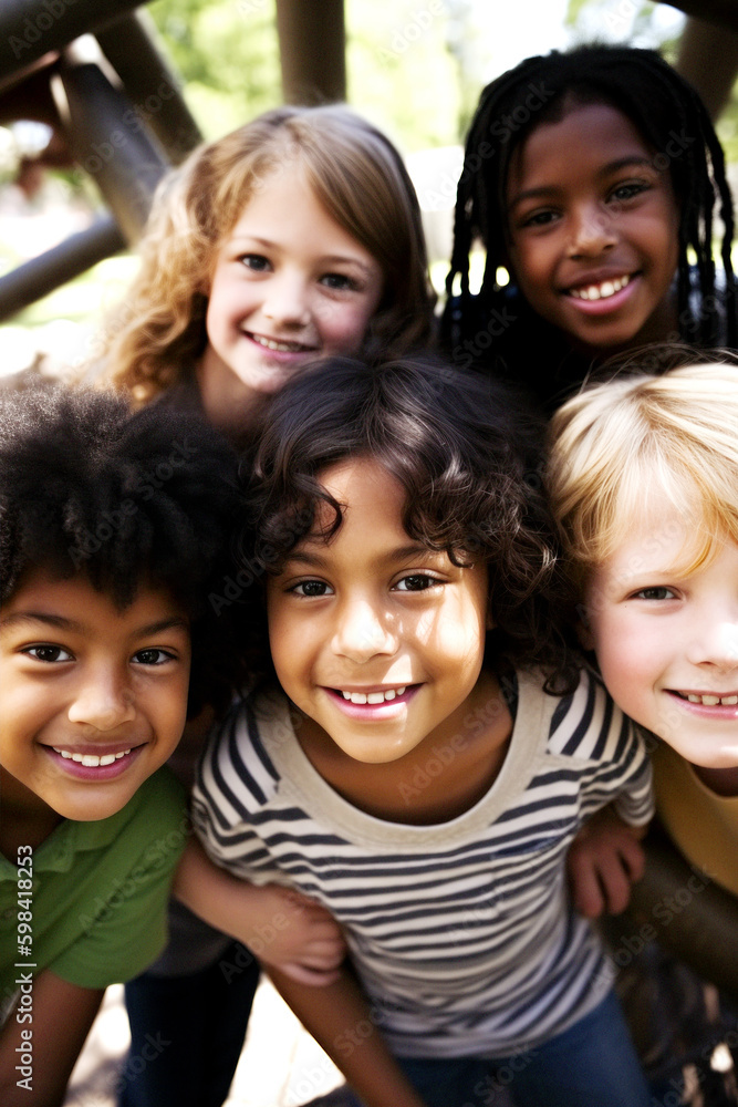 United by laughter, kids of all races come together as best friends, sharing pure joy and innocence. Embracing diversity, their smiles light up the world. Generative AI